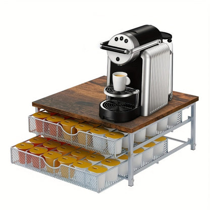 K-Cup Coffee Pod Holder 72 Capacity – 2-Tier Sliding Drawer Coffee Pod Organizer with Wood Top & Metal Frame, Non-Slip Base, Stackable Countertop Storage for Home, Office & Cafe – Silver