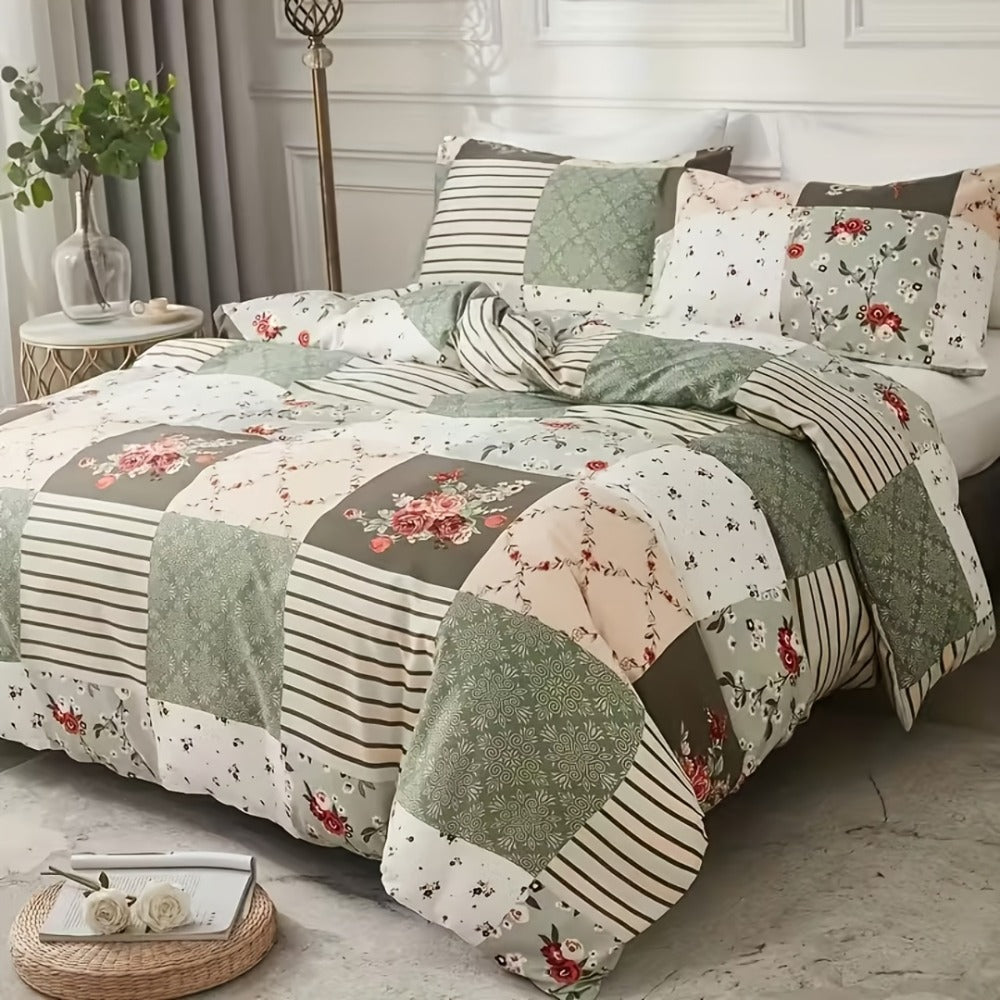 3-Piece Duvet Cover Set with Floral Patchwork Print in Blue, Green or Pink and Four Size Options