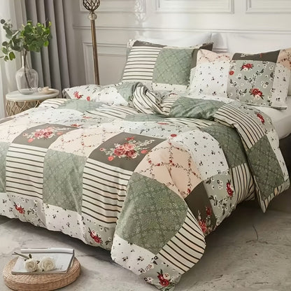 3-Piece Duvet Cover Set with Floral Patchwork Print in Blue, Green or Pink and Four Size Options
