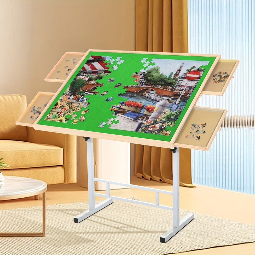 Adjustable Jigsaw Puzzle Table for 1500 Pieces with 4 Drawers, 35 x 26-Inch Wood Board and Metal Legs