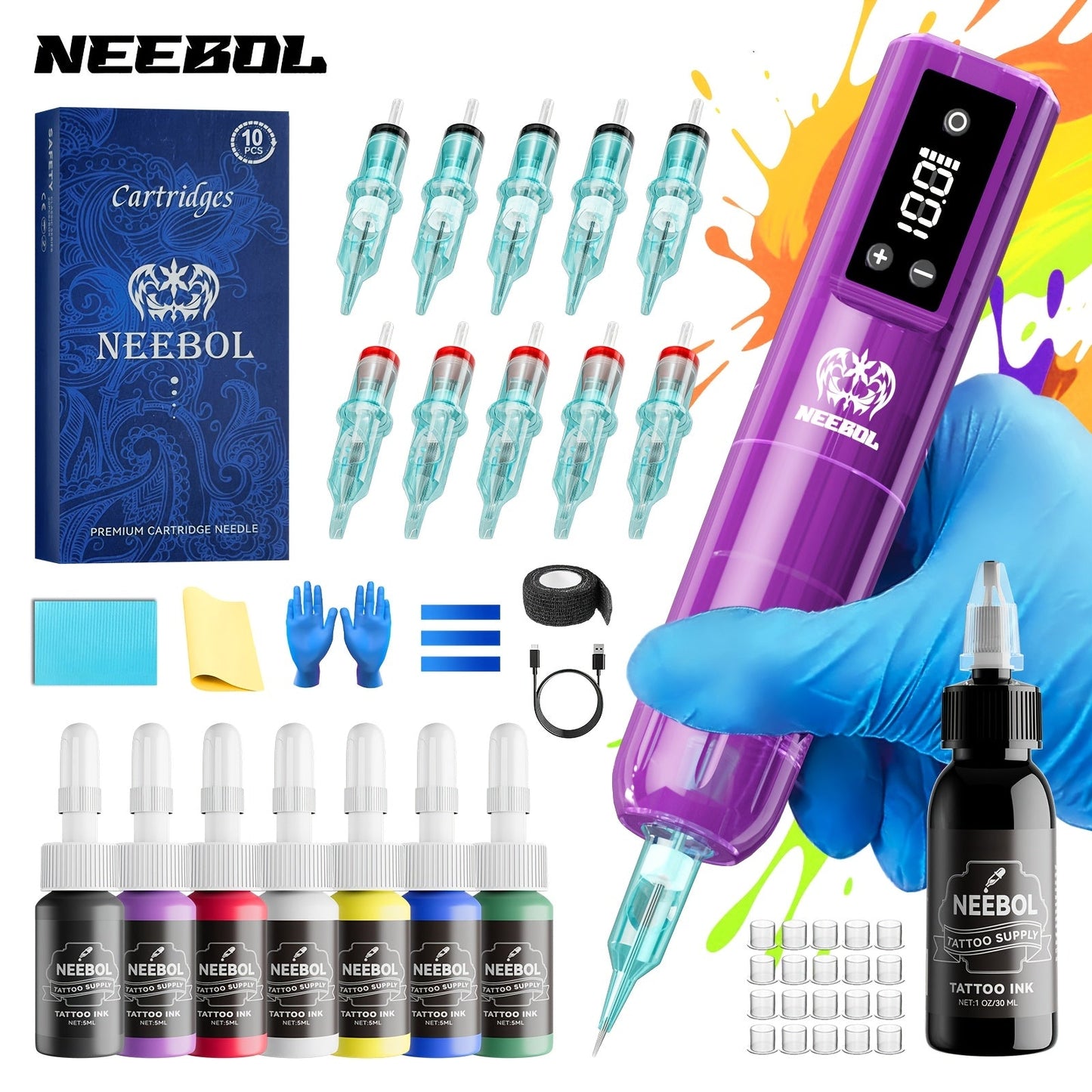 Tattoo Machine Kit Neebol Cordless Rotary Pen with 2000mAh Battery, 10 Cartridges, 7 Inks and Green Soap
