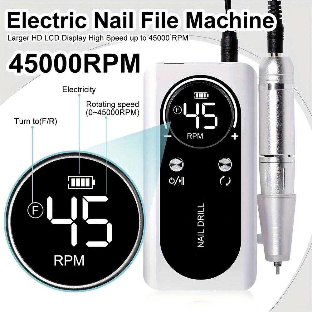 Nail Drill Machine 45000 RPM Brushless Motor 10-Hour Battery Electric Nail File with LCD Smart Screen 6 Drill Bits 6 Sanding Bands – Forward Reverse Low Noise Nail Grinder for Gel Acrylic Nails Home Salon