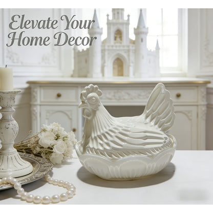 Two-Piece Glass Chicken Candy Jar and Lid Set with White Nesting Hen Design for Kitchen Display