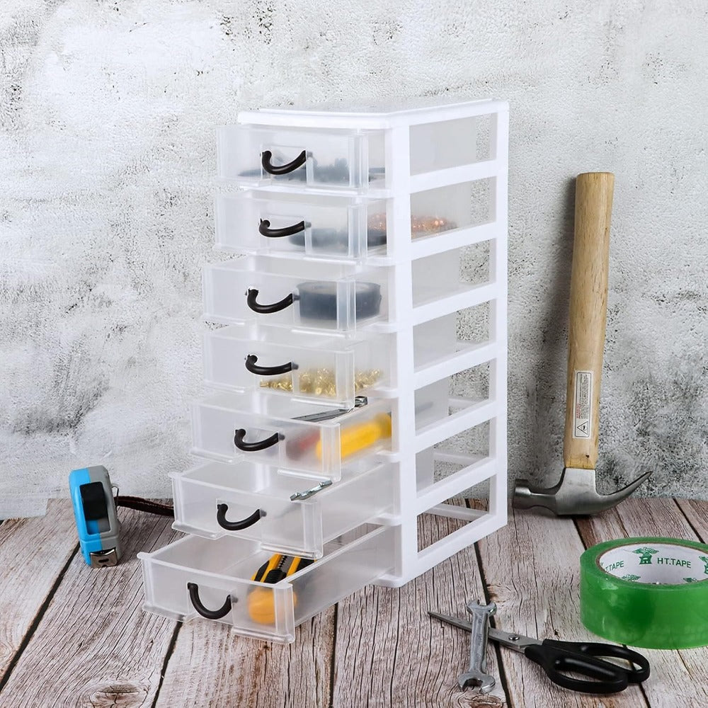 Seven-Drawer Desktop Organizer in Black or White, One- or Two-Piece Set with Clear Front Drawers