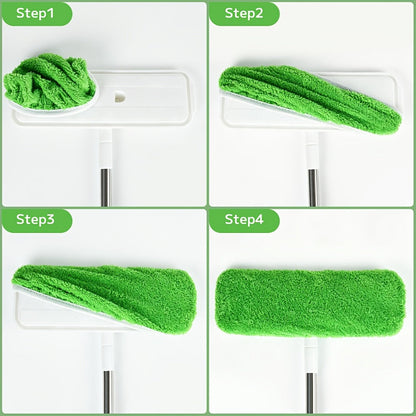 Fifteen-Piece Green Microfiber Mop Pad Set with Reusable Stretch-Cover Design for Flat Mop Heads
