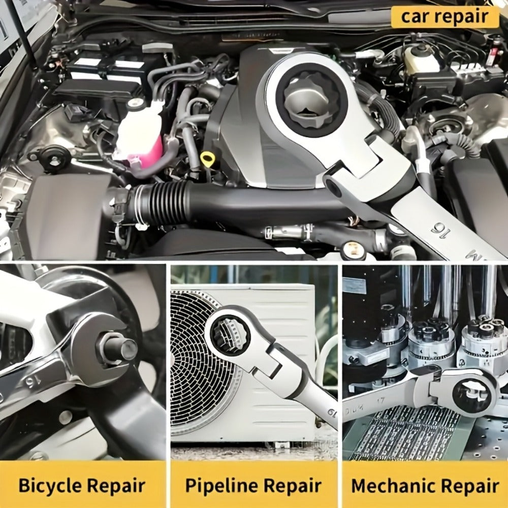 CR-V Flex Head Ratchet Wrench Set 5-Piece – 2-in-1 Reversible Open End & Hex Socket Dual-Purpose Kit | Automotive Engine Bay, Plumbing, DIY Workshop & Confined Space Repair