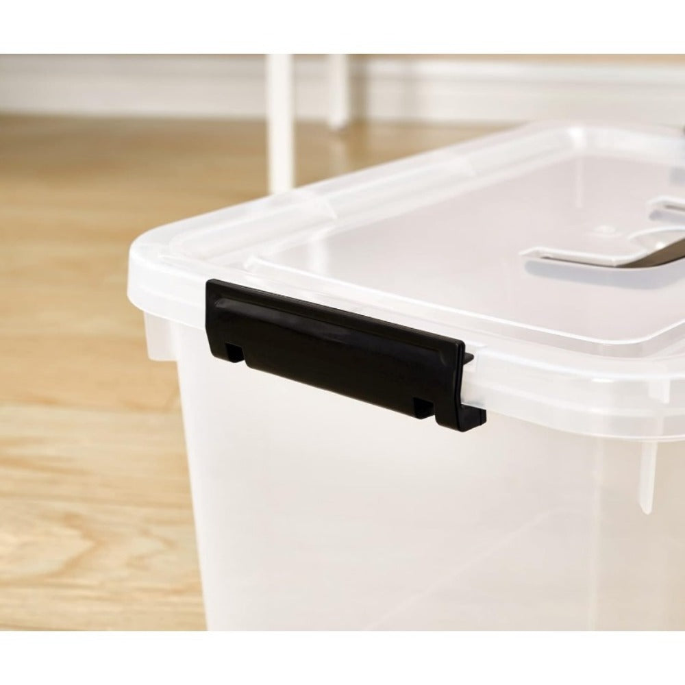 Six-Piece 6-Quart Clear Storage Box Set with Black Latches, Carry Handles and Stackable Lids