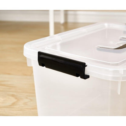 Six-Piece 6-Quart Clear Storage Box Set with Black Latches, Carry Handles and Stackable Lids