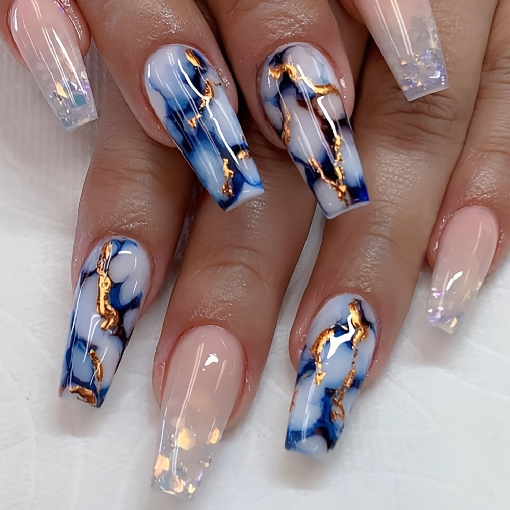 Press On Nails 144-Piece Medium Coffin Set with Blue Marble, Sequins and Included Nail Glue