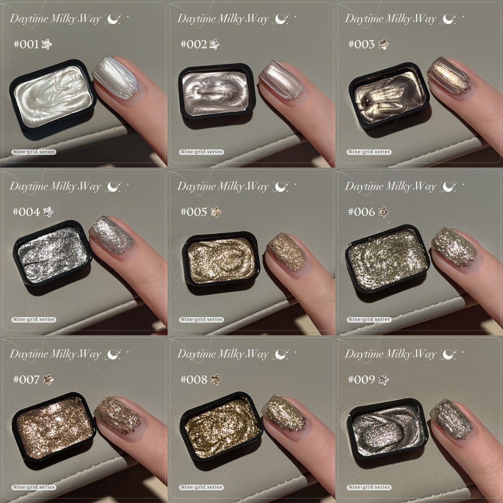 Shimmer Nail Art Gel Nine-Color Grid Palette with Metallic Neutral or Milky Way Color Selection