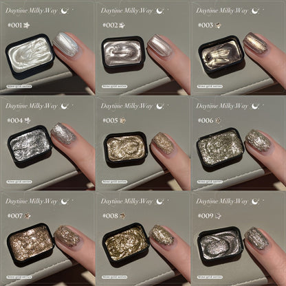Shimmer Nail Art Gel Nine-Color Grid Palette with Metallic Neutral or Milky Way Color Selection