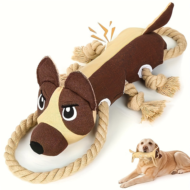 Dog Toy Plush Rope Animal with Squeaker, Crinkle Paper and Four Styles for Chew, Tug and Fetch Play