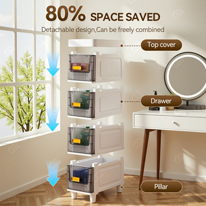 Storage Cabinet Slim PP Drawer Tower with Wheels, Pull-Out Bins and Three, Four or Five Layers