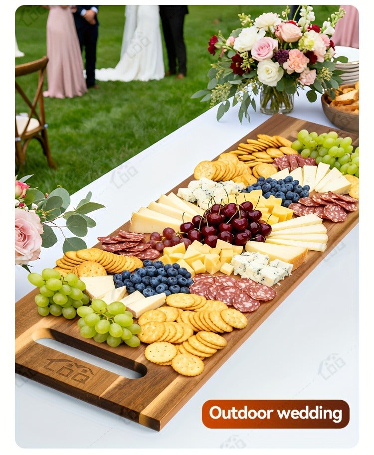 Extra-Long 36 x 11-Inch Wood-Color Charcuterie Board with Recessed Handles and Two Display Stands