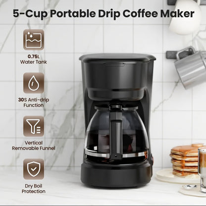 Compact Five-Cup Drip Coffee Maker with 0.75 L Water Tank, Glass Carafe and Reusable Filter