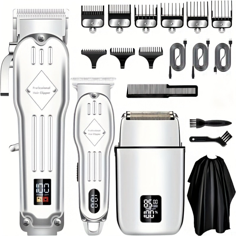Hair Clippers & Trimmers Three-Piece Set with Full-Size Clipper, T-Blade Detailer, Foil Shaver and LCD Displays