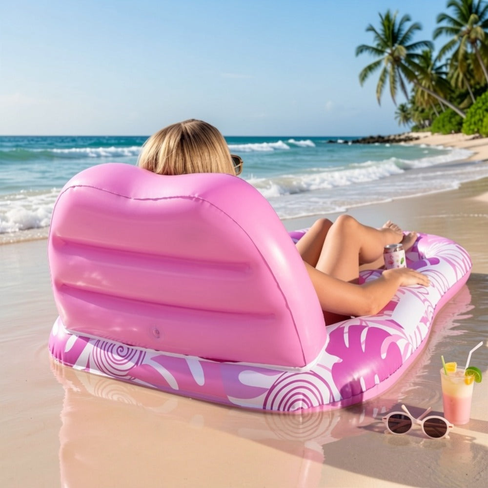 Pink Tropical Inflatable Pool Recliner Float, 60 x 36 x 24 Inches with Mesh Seat and Cup Holder