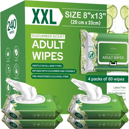 Adult Wet Wipes, Extra Large 8x13 Inch 240ct 4 Packs of 60 Aloe Vitamin E Cucumber Scent for Bath Time