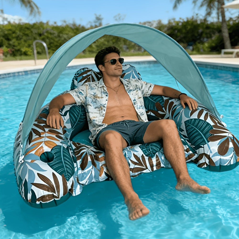 Tropical Leaf Inflatable Pool Lounger with Canopy, Cup Holder, Two Donut Drink Rings and Green or Blue Options