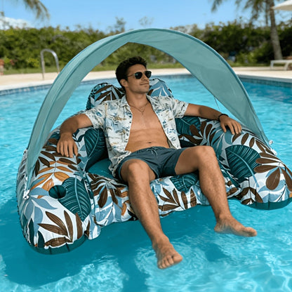 Tropical Leaf Inflatable Pool Lounger with Canopy, Cup Holder, Two Donut Drink Rings and Green or Blue Options