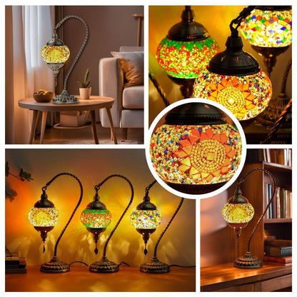 Mosaic Table Lamp Turkish Moroccan Style Handmade Swan Neck Glass Bedside Lamp 3 Color Modes LED Bulb Included Metal Base for Bedroom Living Room