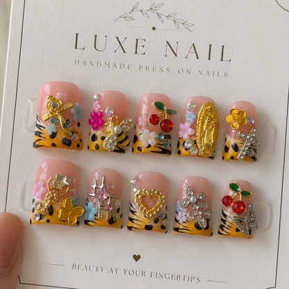Press On Nails 10-Piece Short Duck-Tip Acrylic Set with Cherry, Bee, Flower, Cross and Star Designs
