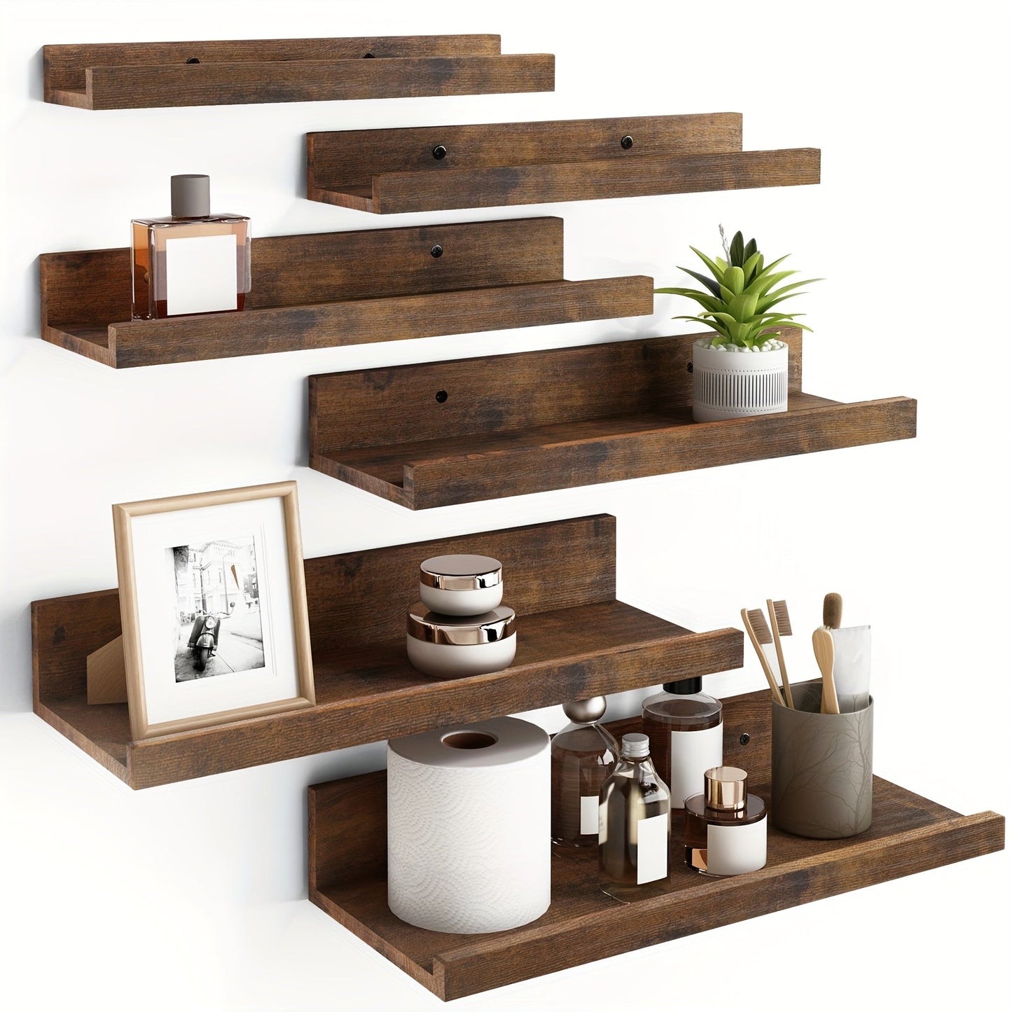 Six-Piece Wall Shelf Set in Graduated Sizes with White, Brown or Black Finish for Layered Displays
