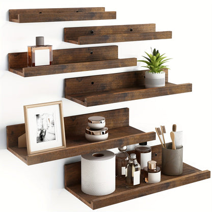 Six-Piece Wall Shelf Set in Graduated Sizes with White, Brown or Black Finish for Layered Displays