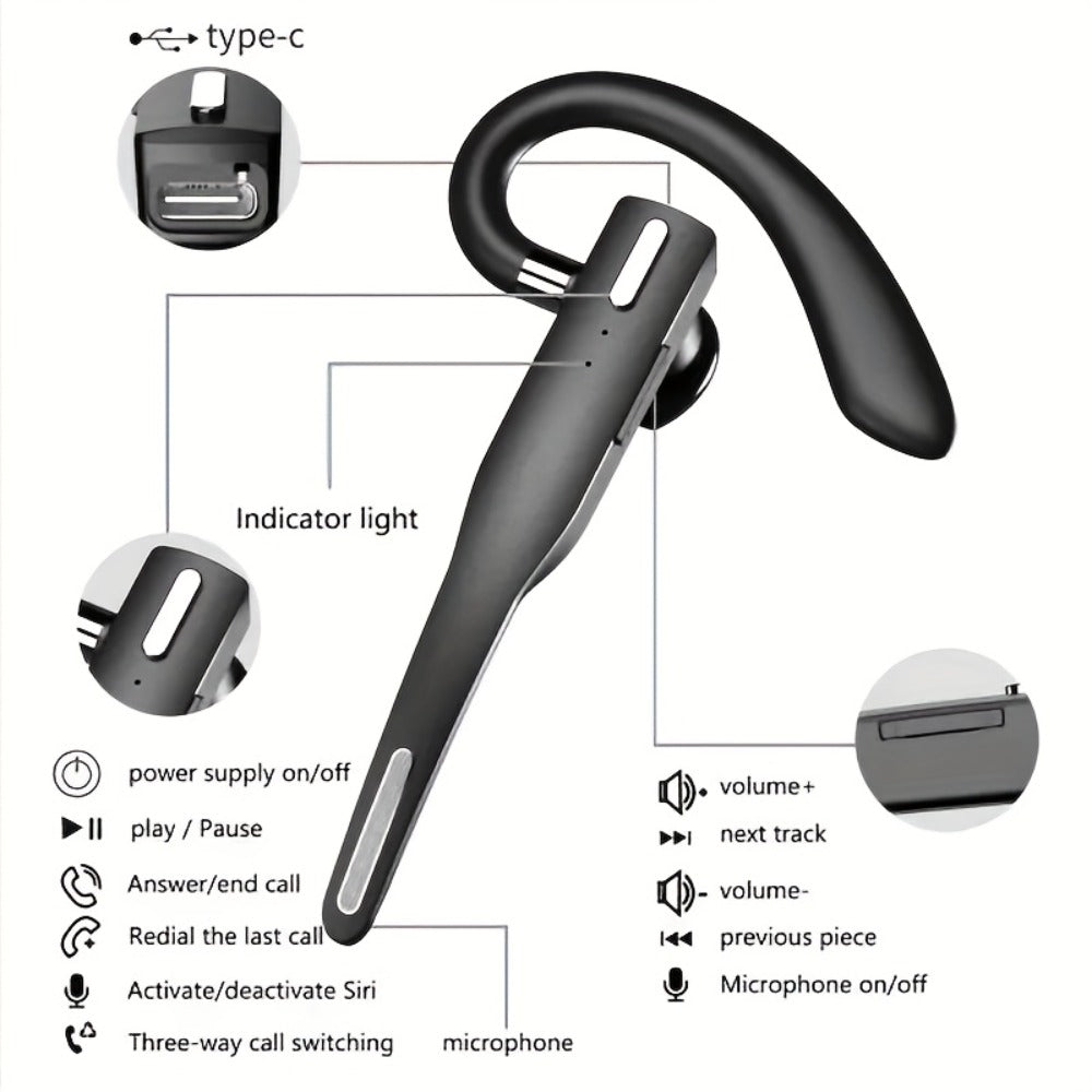 Single Ear Bluetooth Business Earbud with Microphone 15-Hour Call Time 15-Day Standby Rotating Earplug Touch Control for Driving Office Sports Voice Calls Video Work