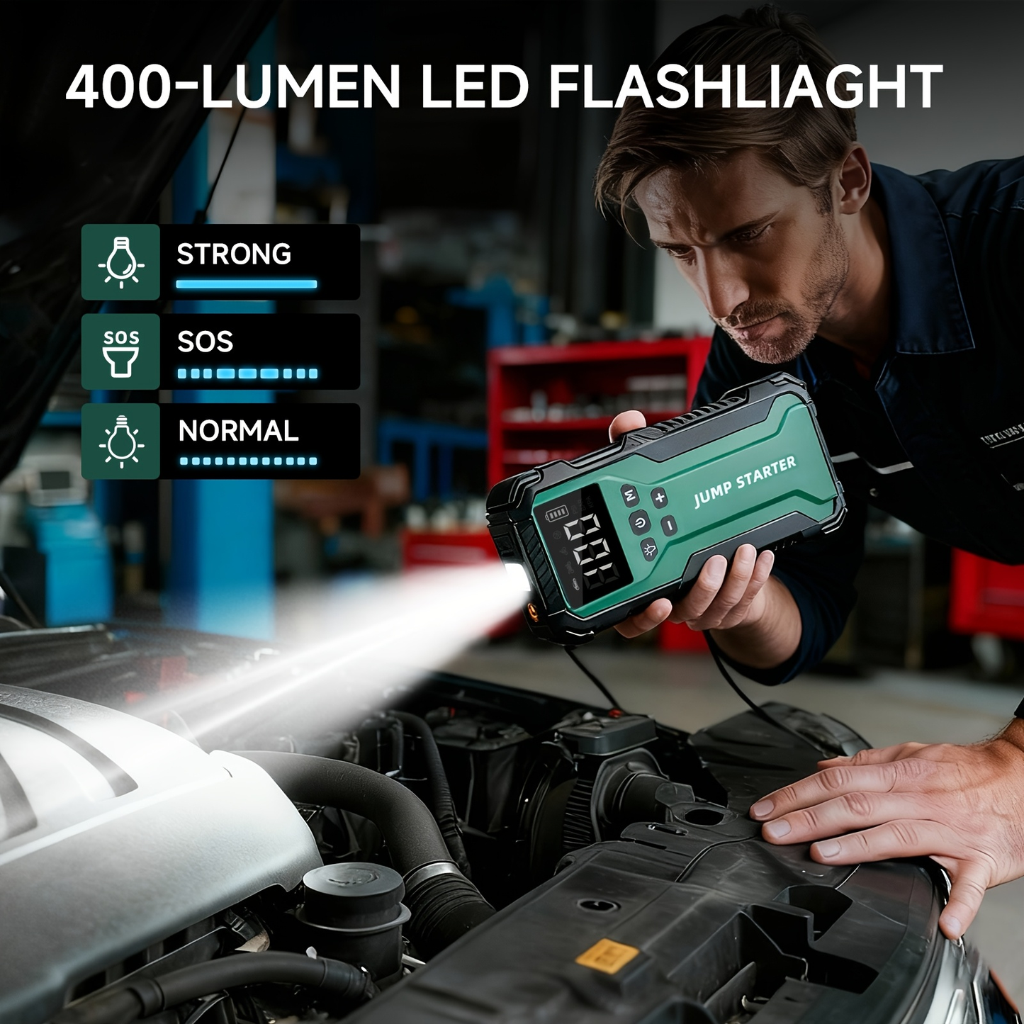 10000A Car Jump Starter with 12V Clamps, LED Light and Optional Integrated Air Pump in Red, Green or Gray