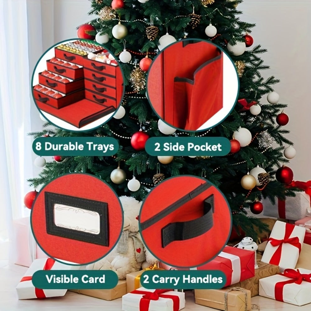 Christmas Ornament Storage Box with 128 Compartments, Eight Removable Trays and Red or Green Color Options