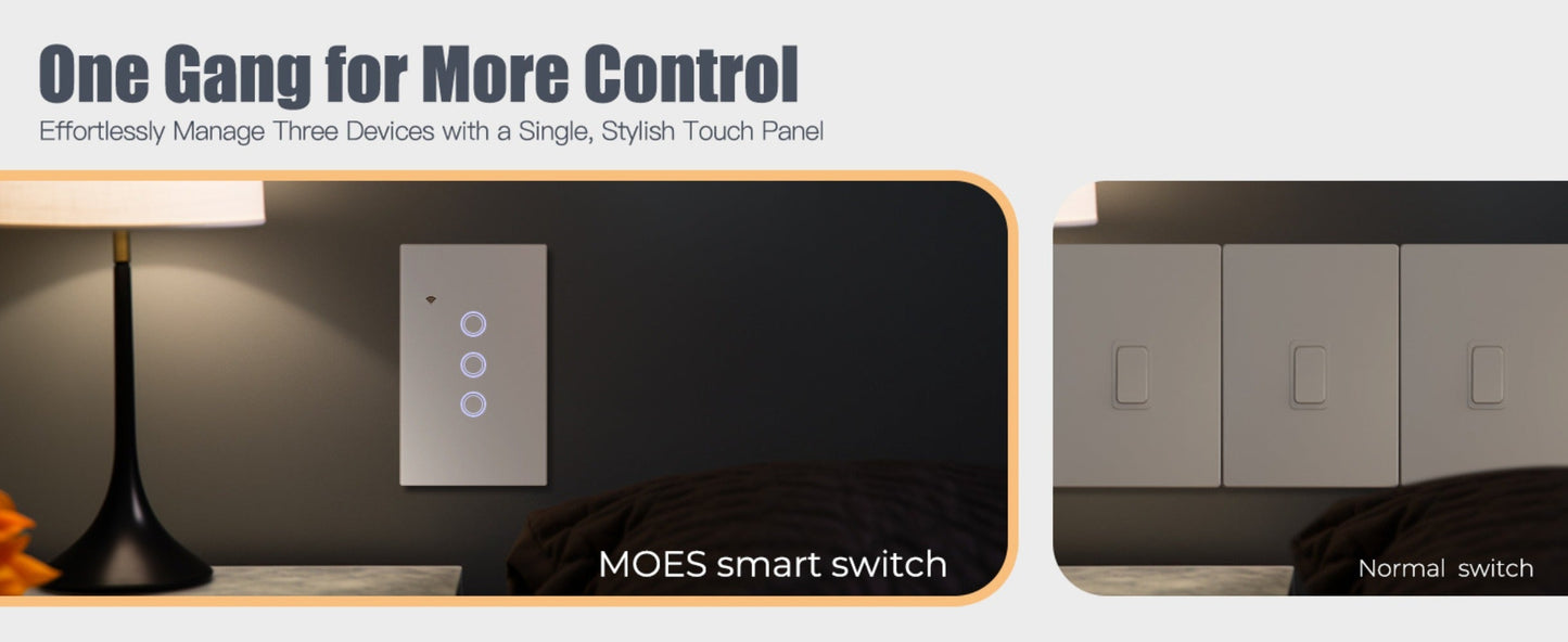 White WiFi Touch Wall Switch with One-, Two- or Three-Gang Options, 2.4GHz App Control and Dual Wiring Support