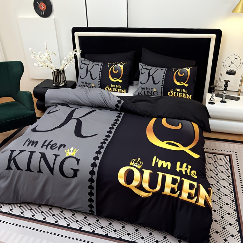King and Queen Print Duvet Cover Set with Two Pillowcases, Three Styles and Four Bed Sizes
