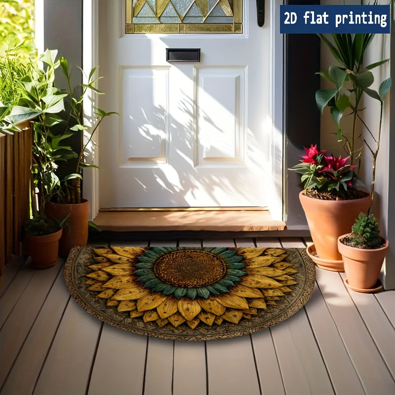 Sunflower Mandala Door Mat Semi-Circle Retro Floral Welcome Mat Soft Machine Washable Non-Slip Rug for Porch Front Door Kitchen Entryway Indoor Outdoor Decor