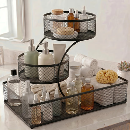 Bathroom Storage Rack 3-Tier Metal Countertop Organizer with Spray Bottle & Hooks – Rust-Resistant Diamond Mesh Shelf for Vanity, Skincare, Cosmetics & Toiletries
