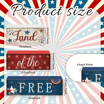 Land of the Free Patriotic Block Sign with Red, White and Blue Three-Tier Tabletop Shelf Design
