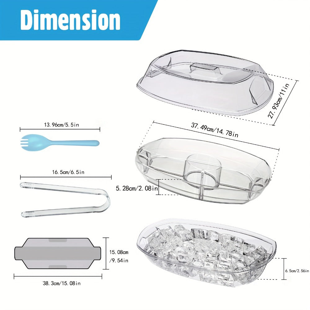 Appetizer Serving Tray with Ice Tray & Flip Lid – 15 Inch Round Chilled Condiment Serving Platter, BPA-Free Plastic Veggie Dip Bowl, Dishwasher & Freezer Safe Party Snack Tray