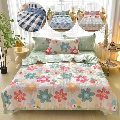 Floral Three-Piece Thin Quilt Set with Two Pillowcases, Twin to King Sizes and Three Printed Styles