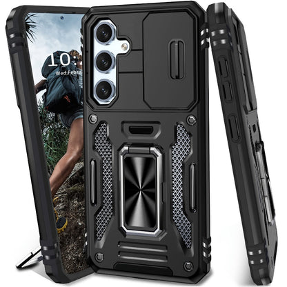 Samsung Galaxy Shockproof Magnetic Phone Case with 360° Rotating Ring Bracket & Sliding Lens Protector – Heavy Duty Cover for S24FE S23FE S22 S21FE Ultra A55 A54 A35 A34 A25 A24 A16 A15 A14 A06 A05 A05S 5G