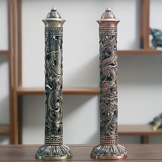 Incense Stick Holder Metal Retro Vertical Design, Dragon & Phoenix Heart Sutra Motif Brass Incense Burner Stand, Home Office Altar Meditation Ceremony Decoration Gift