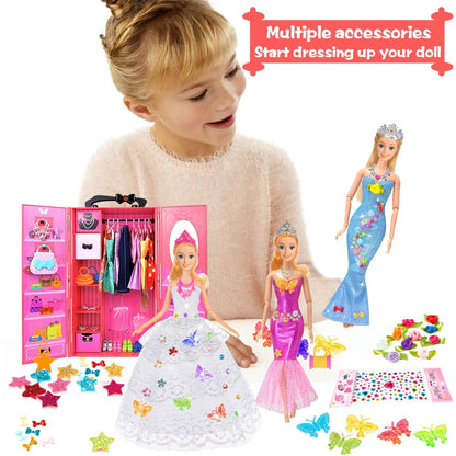 139-Piece Rose Doll Wardrobe and Accessory Case for 11.5-Inch Dolls with Dresses, Shoes and Stickers