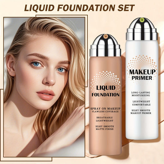 Liquid Foundation & Primer Set for Mature Skin 3-in-1 CC Cream BB Cream Silky Smooth Long-Lasting Formula - Buildable Coverage 4 Shades Natural Beige Nude Porcelain, Anti-Aging Daily Makeup for Women