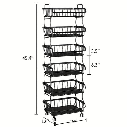 6-Tier Stackable Metal Wire Storage Basket Organizer with Wheels - Rolling Kitchen Pantry Rack for Fruits Vegetables Utensils, Space-Saving Open Shelf