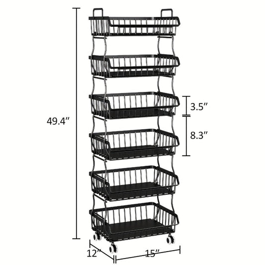 6-Tier Stackable Metal Wire Storage Basket Organizer with Wheels - Rolling Kitchen Pantry Rack for Fruits Vegetables Utensils, Space-Saving Open Shelf
