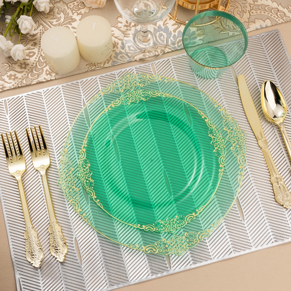 Disposable Party Plates Set 175 Pieces for 25 Guests Clear Plastic Plates with Gold Trim, Includes Dinner Plates Dessert Plates Cups Napkins Gold Silverware for Wedding Birthday Party Christmas