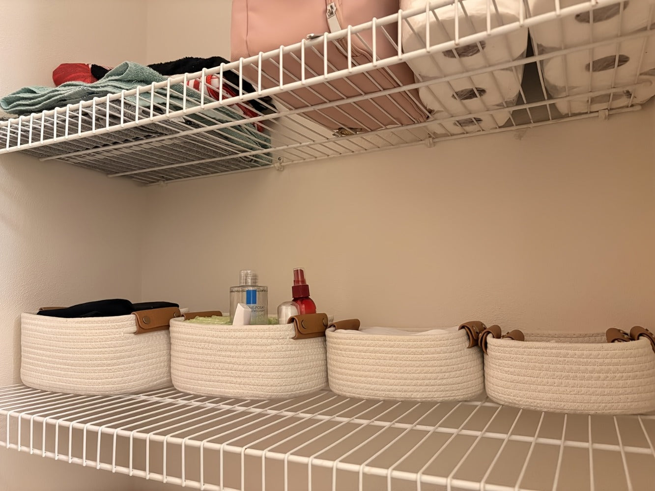 Cotton Rope Storage Baskets Set of 5 with Leather Handles in Four Color Options for Home Organization
