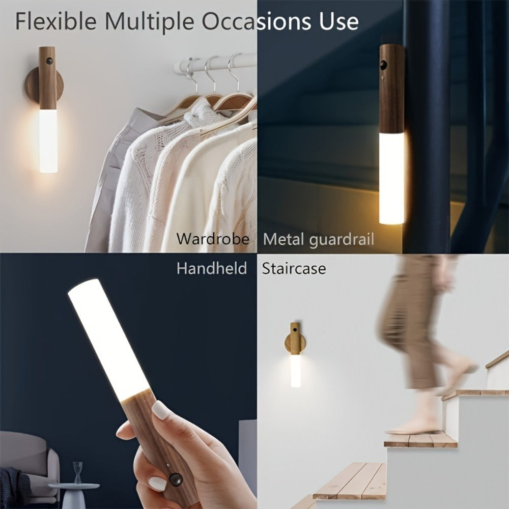Night Light Motion Sensor Wall Lamp 2-Pack with USB Rechargeable Power, Magnetic Mount and Two Wood-Tone Finishes