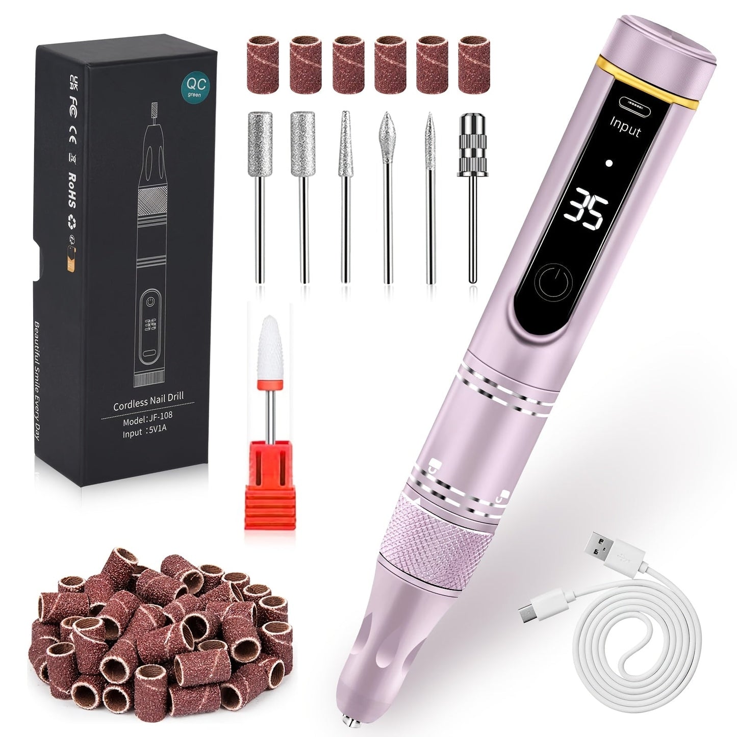 Nail Drill Machine 35000 RPM LCD Display Rechargeable Portable Electric Nail File with Forward Reverse Rotation Low Noise – Professional Nail Grinder for Gel Acrylic Natural Nails Manicure Pedicure Home Salon