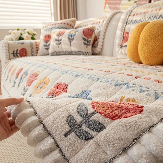 Sofa Cover Thick Milk Fleece Floral Quilted Panels with Ruffled Edge for 2, 3 or 4-Seater Sofas