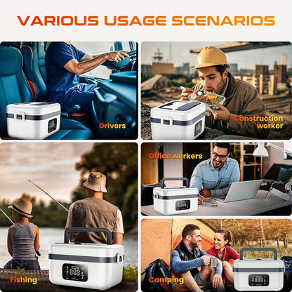 Wireless Heated Lunch Box 8000mAh Battery Powered - 60W Electric Food Warmer 1L Stainless Steel with Smart Timer 8 Settings and Power Bank Function, Portable Lunch Heater for Office Car Truck and Travel, BPA-Free with Fork Spoon and Insulated Bag
